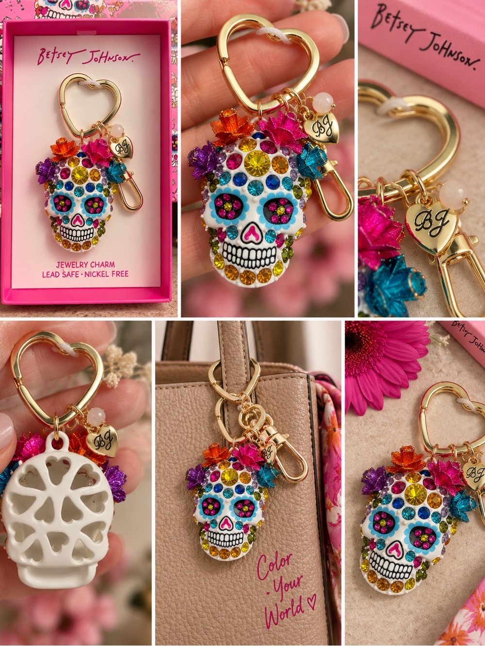 Betsey Johnson | Día de los Muertos Jeweled Sugar Skull Bag Charm 💀🌹✨🩷